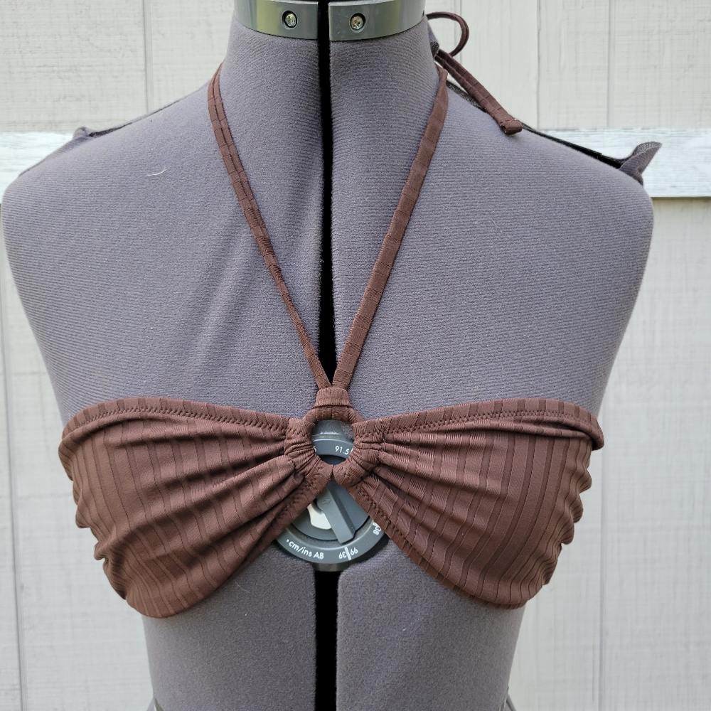 Aerie Wide Brown Rib Halter Bandeau Ring Sexy Party Festival Bikini Top Medium - Picture 3 of 11